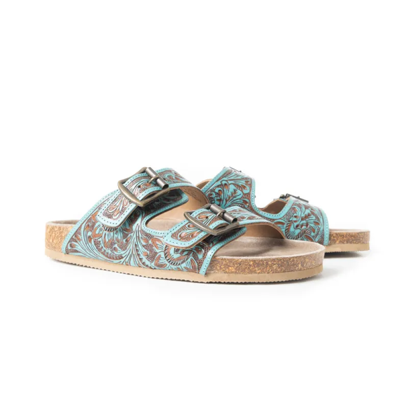 Falling Feather Sandals In Blue and Brown sold by Myra Bag