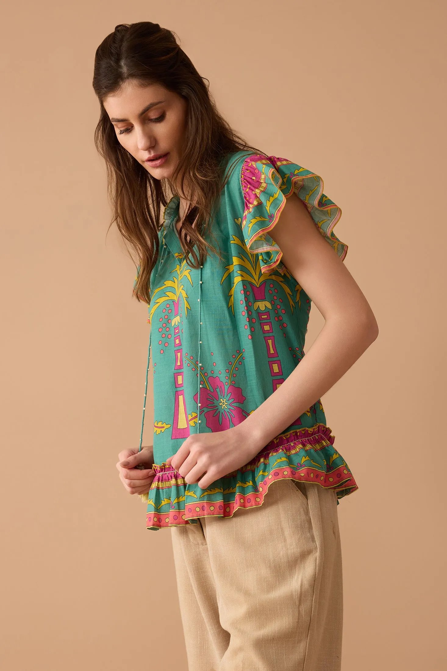 Coconut Island Ruffled Top In Turquoise sold by Myra Bag product image thumbnail 4