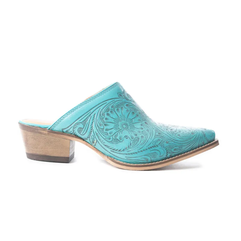 Valeria Hand-tooled Mules In Turquoise sold by Myra Bag