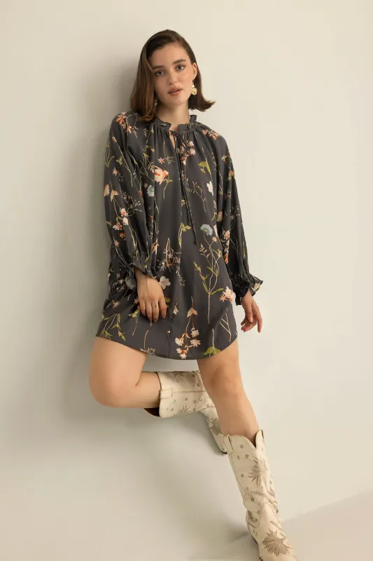 Wildflower Whisper Mini Dress in Dusk Grey sold by Myra Bag