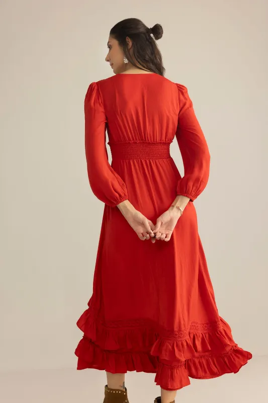Rumba Rouge Satin Dress in Spiced Red sold by Myra Bag