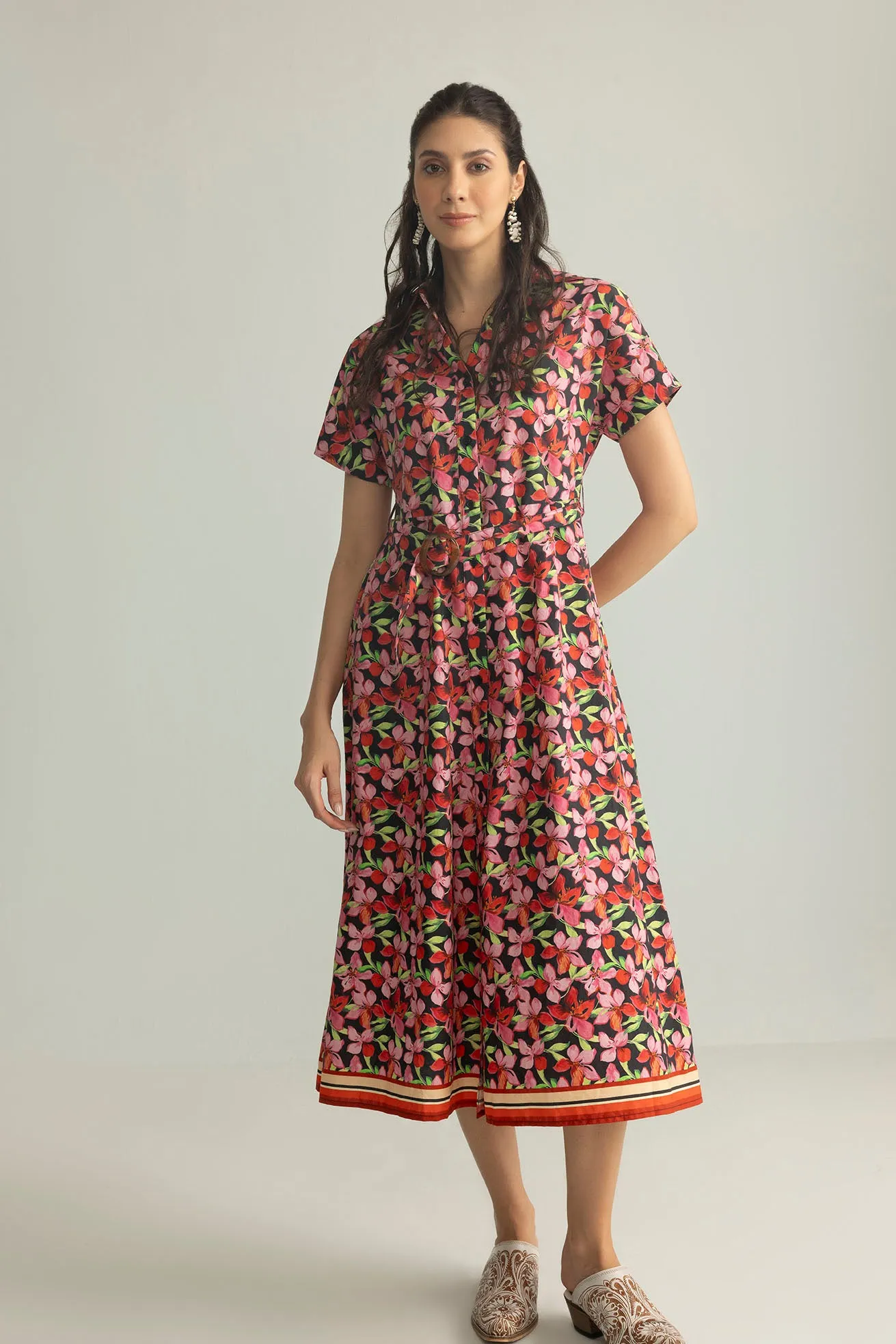 Hibiscus Rush Shirt Dress in Bloom Pink sold by Myra Bag