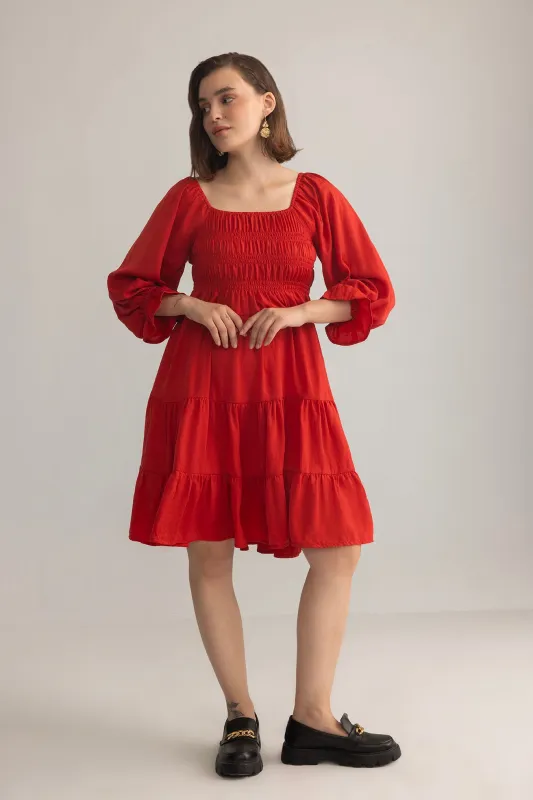Daisywood Ruffle Smocking Dress in Red sold by Myra Bag