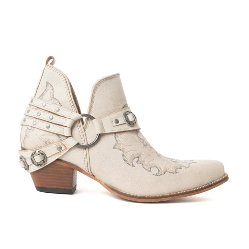 Western Ember Leather Embroidered Booties in White sold by Myra Bag