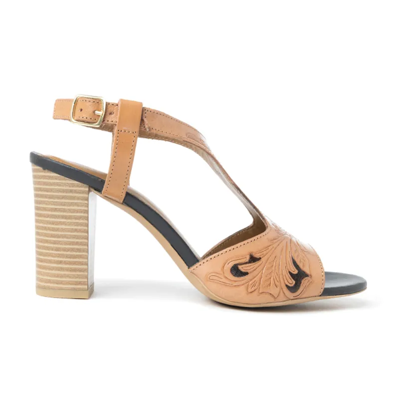 Rodeo Rose Handtooled Leather Heels in Amber Brown made by Myra Bag