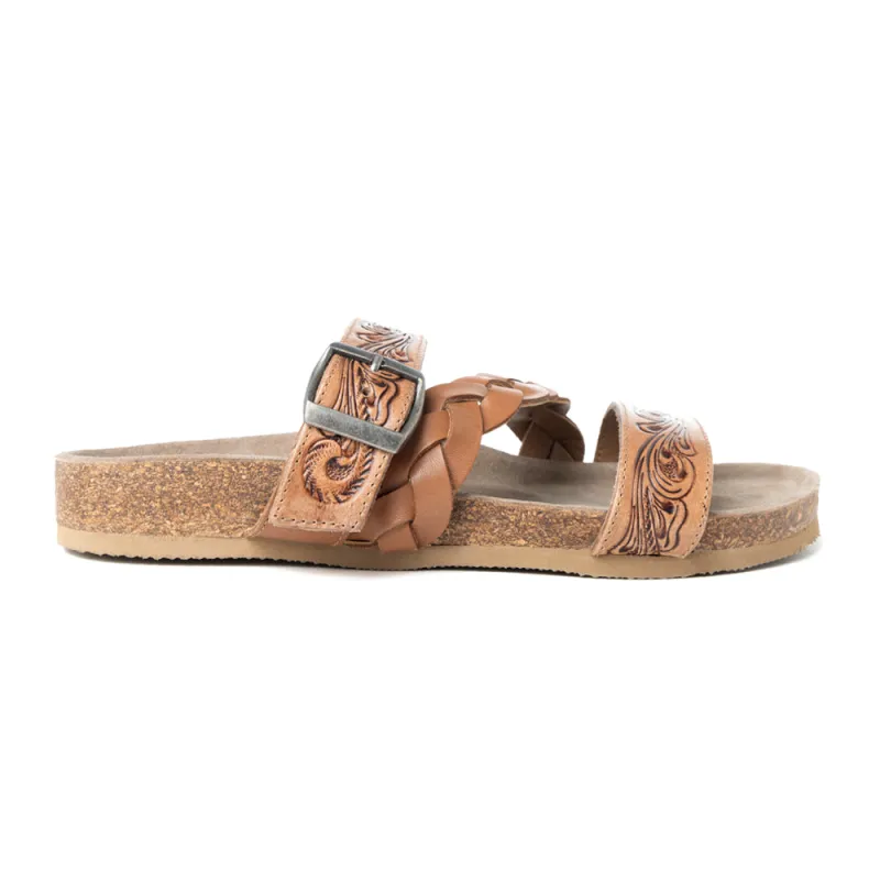 Dustbark Handtooled Leather Sandals in Rustic Tan sold by Myra Bag
