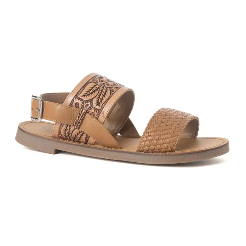 Pinehorn Handtooled Leather Sandals in Oak Brown sold by Myra Bag