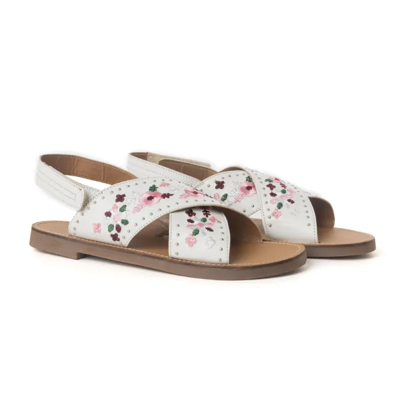 Lilytrail Embroidered Leather Sandals in Frost White sold by Myra Bag