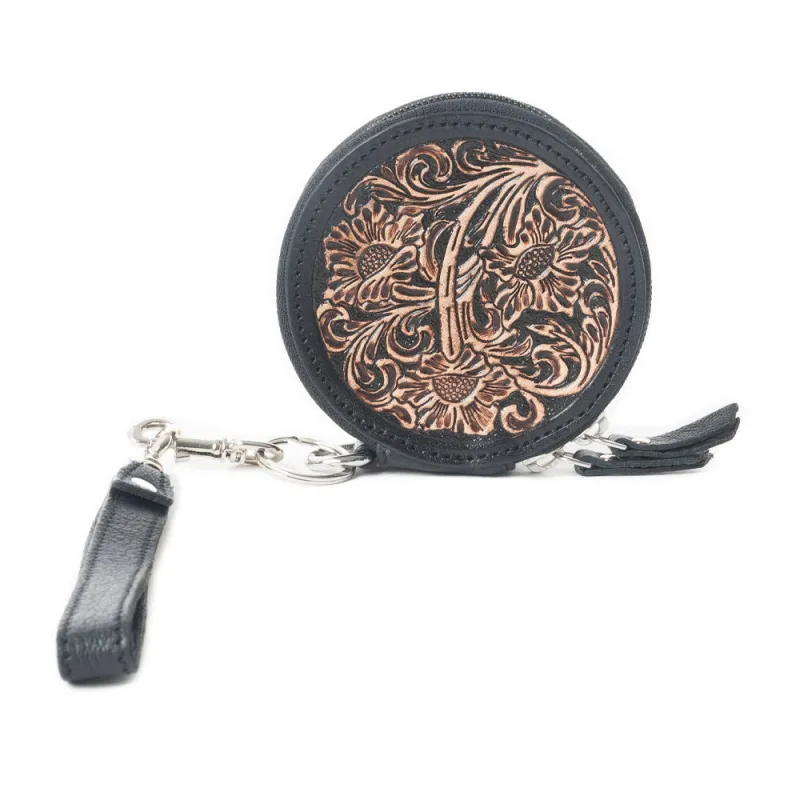 Botanic Bliss Handtooled Leather Coin Pouch in Golden Tan sold by Myra Bag