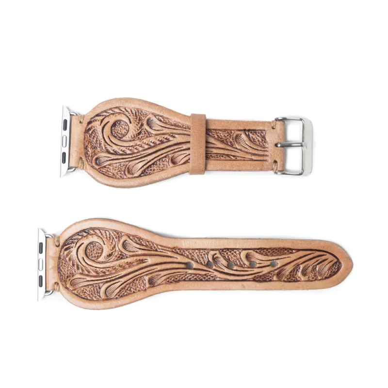 Lone Star Handtooled Leather Watch Band in Light Saddle Tan sold by Myra Bag