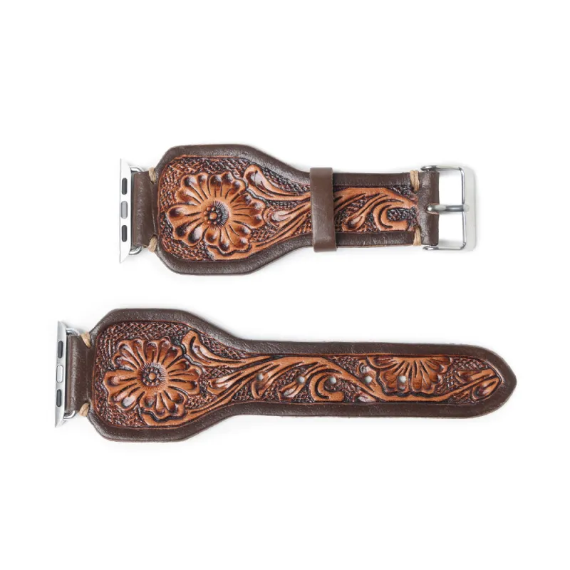 Lone Star Handtooled Leather Watch Band in Antique Mahogany made by Myra Bag