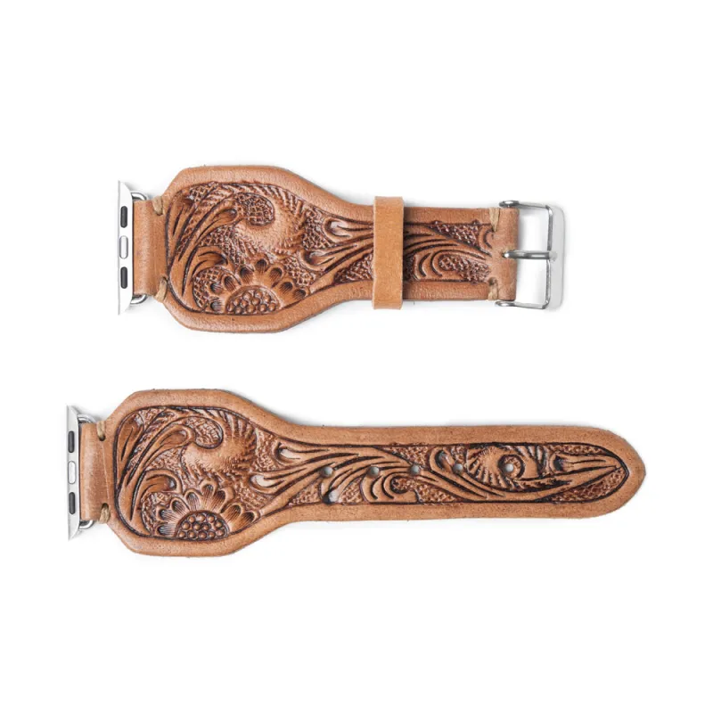 Lone Star Handtooled Leather Watch Band in Antique Saddle Brown sold by Myra Bag