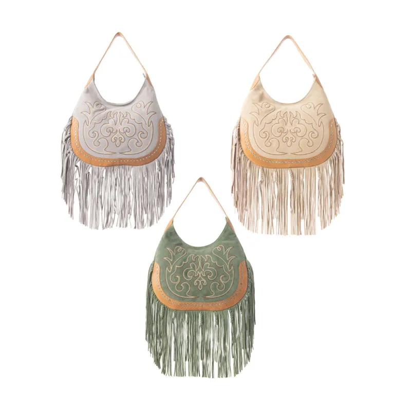 Sage Whisper Fringe Leather Bag Variant Combo made by Myra Bag