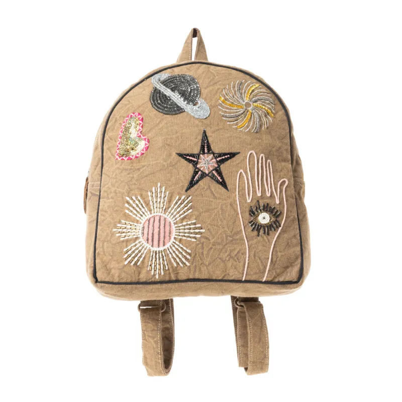 Boho Cosmic Upcycled Canvas Backpack in Vintage Taupe sold by Myra Bag