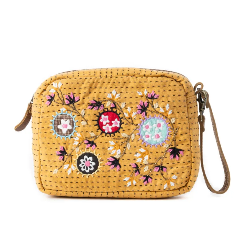 Daisy Pop Woven Pouch in Marigold Yellow sold by Myra Bag