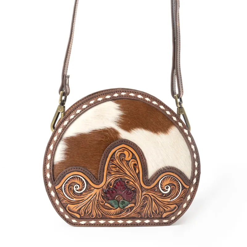 Rosemark Handtooled Round Bag in Canyon Hide & Soft Cream sold by Myra Bag
