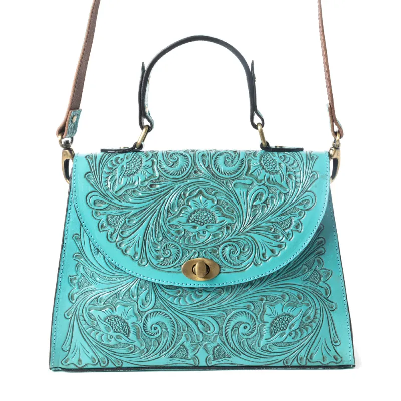Savannah Scroll Handtooled Leather Bag in Turquoise sold by Myra Bag