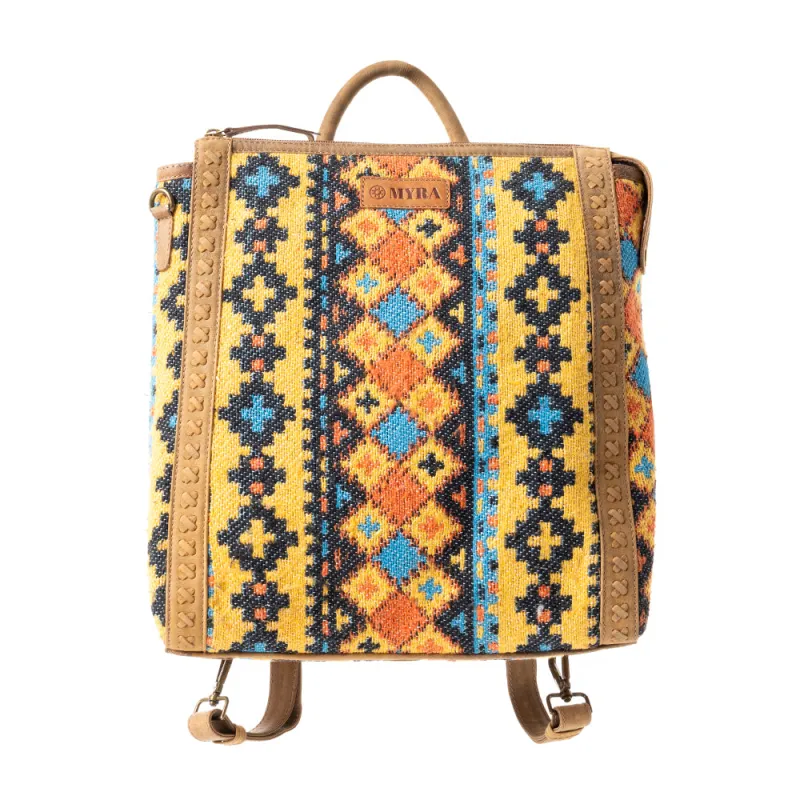 Navajo Loom Rug Leather Backpack in Desert Amber sold by Myra Bag