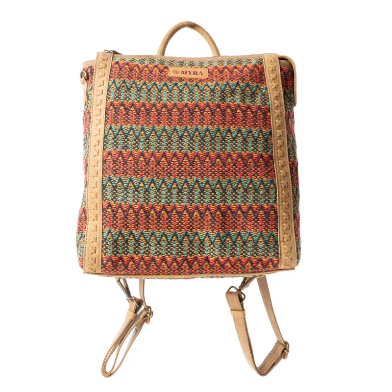 Terracotta Trails Rug Leather Backpack in Desert Sage sold by Myra Bag