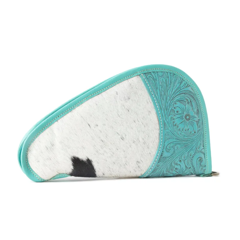 The Lone Prairie Tooled Hairon Gun Case in Desert Teal sold by Myra Bag