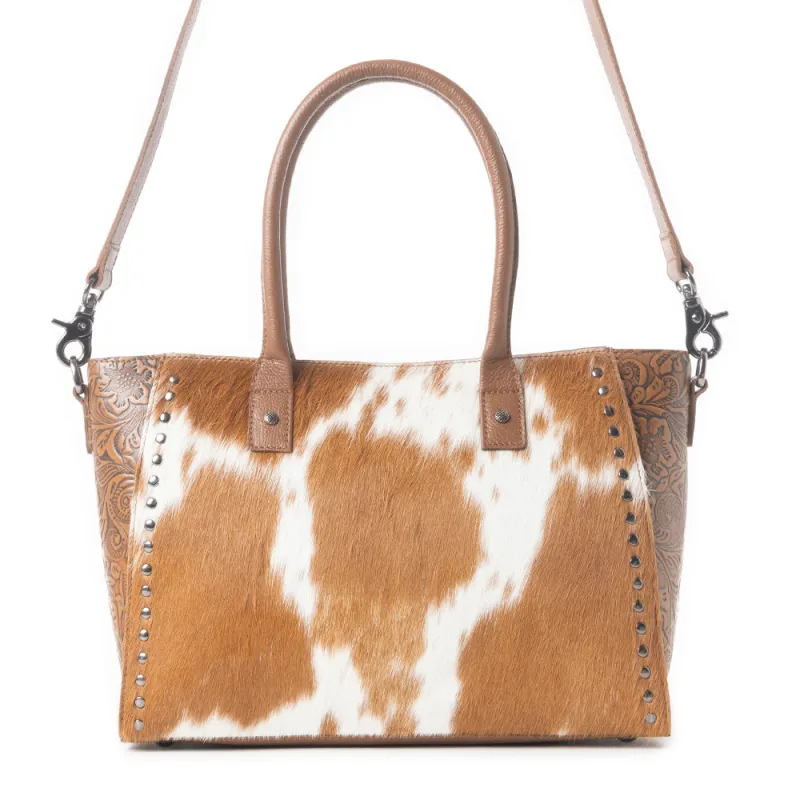 Western Belle Leather Bag in Hairon Chestnut & Pearl Glow sold by Myra Bag