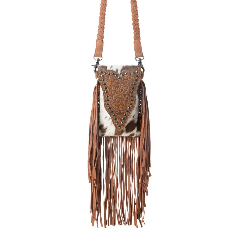 Dusk & Dust Fringe Leather Bag in Hairon Brown & White sold by Myra Bag