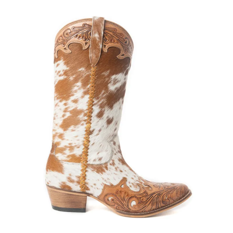 Dakota Dust Handtooled Boots in Tan & White sold by Myra Bag