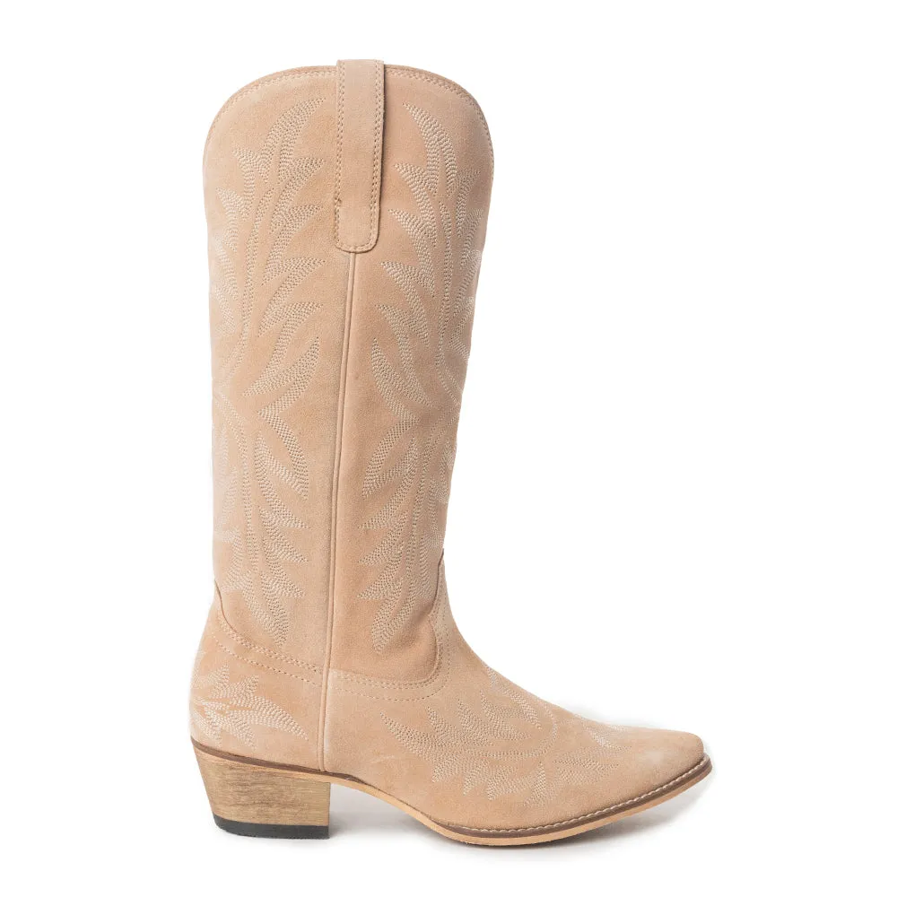 Midnight Trail Embroidered Leather Boots in Shadow Beige sold by Myra Bag