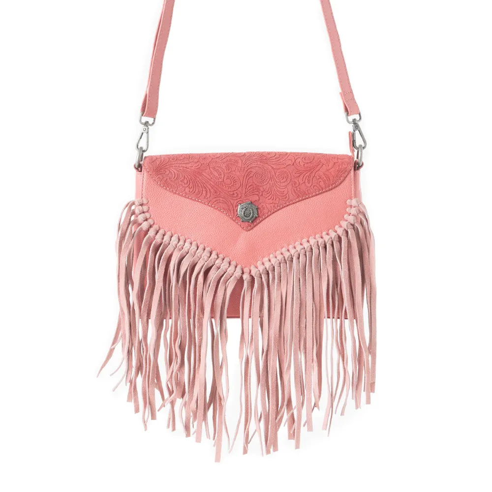 Wild West Fringe Leather Crossbody Bag in Pink sold by Myra Bag