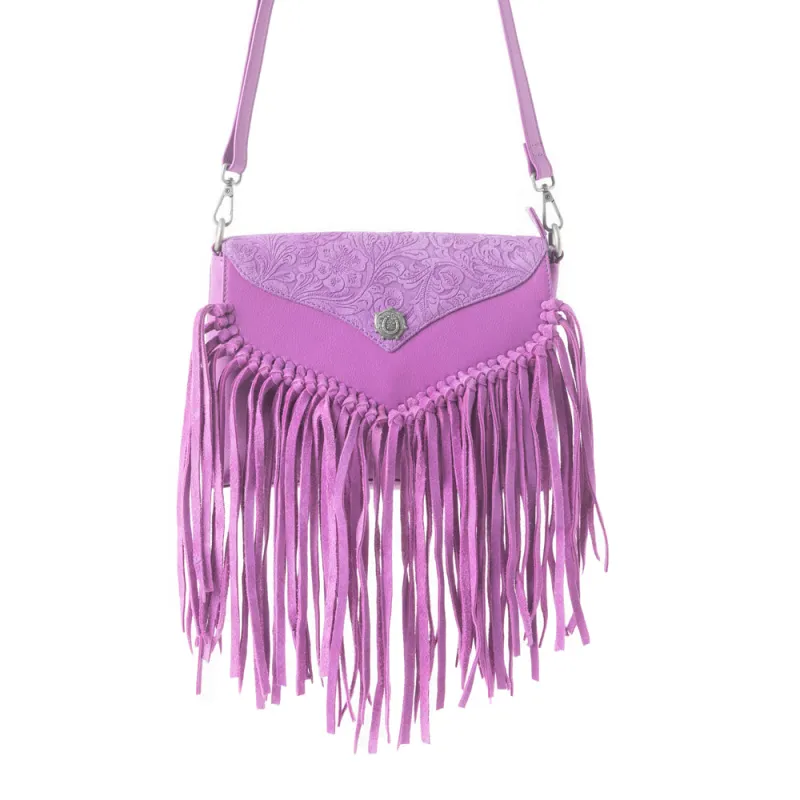 Wild West Fringe Leather Crossbody Bag in Purple sold by Myra Bag