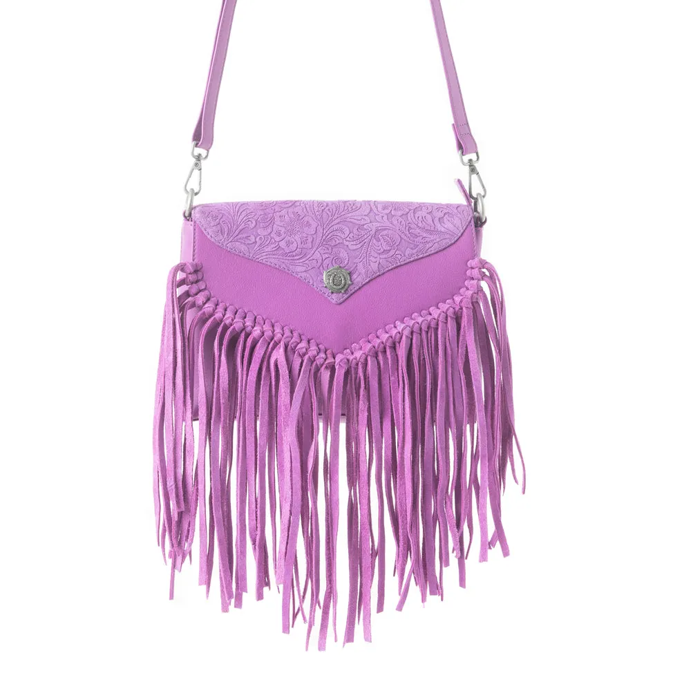 Wild West Fringe Leather Crossbody Bag in Purple sold by Myra Bag