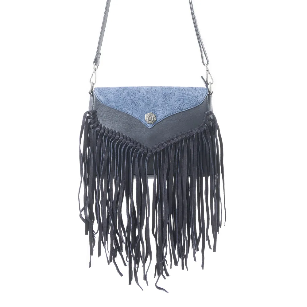 Wild West Fringe Leather Crossbody Bag in Ash Denim sold by Myra Bag