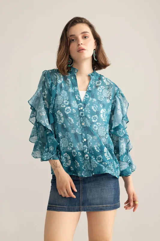 Bloom Reverie Ruffle Top in Blue sold by Myra Bag