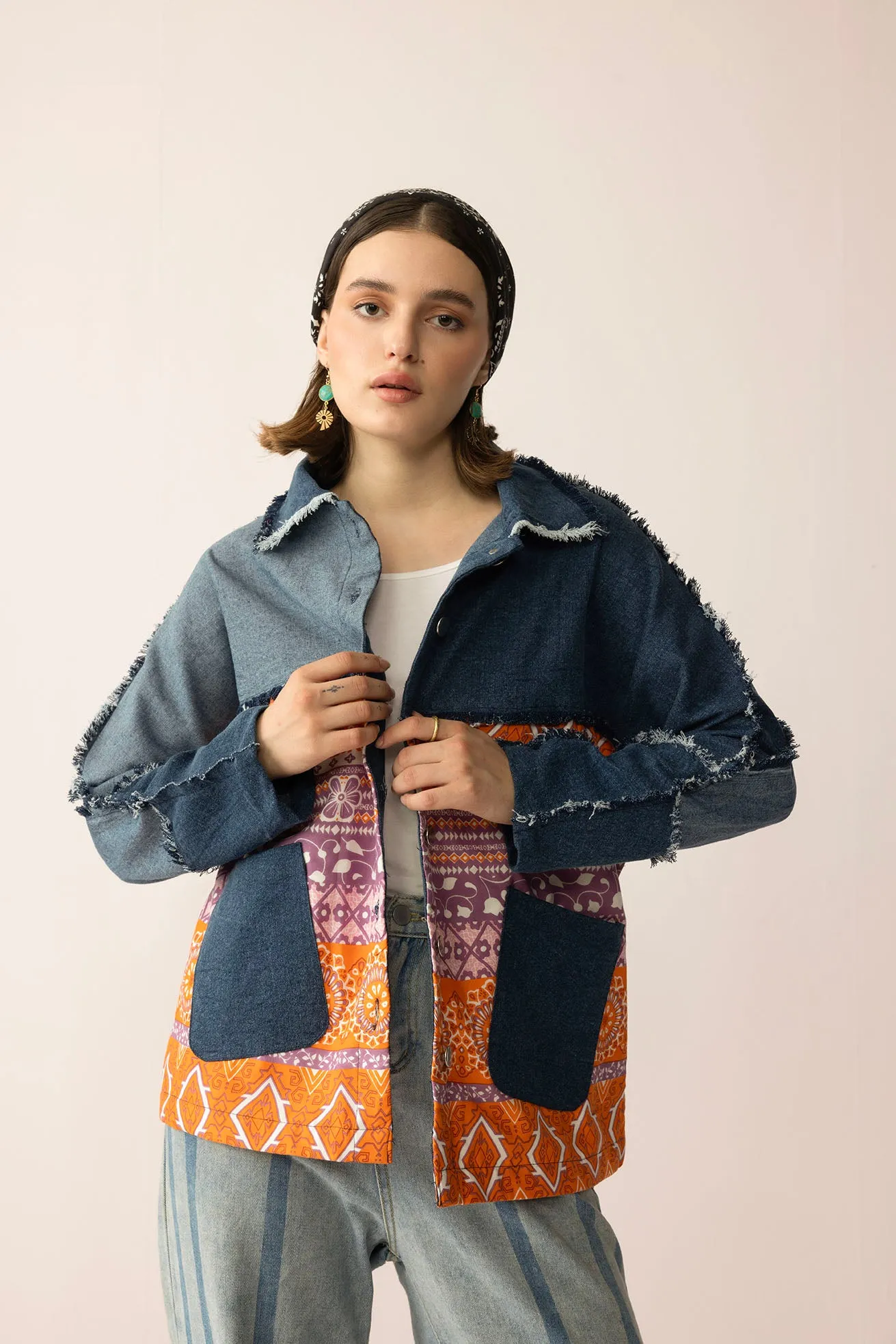 The Tessa Dune Shacket in Copper Denim sold by Myra Bag