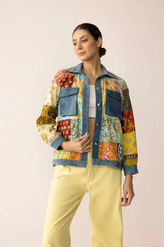 Loretta's Wild Patchwork Jacket in Painted Denim sold by Myra Bag