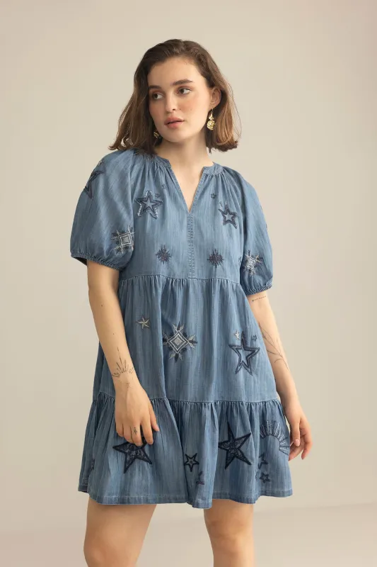 Prairie Hymn Embroidered Dress in Dusty Blue sold by Myra Bag