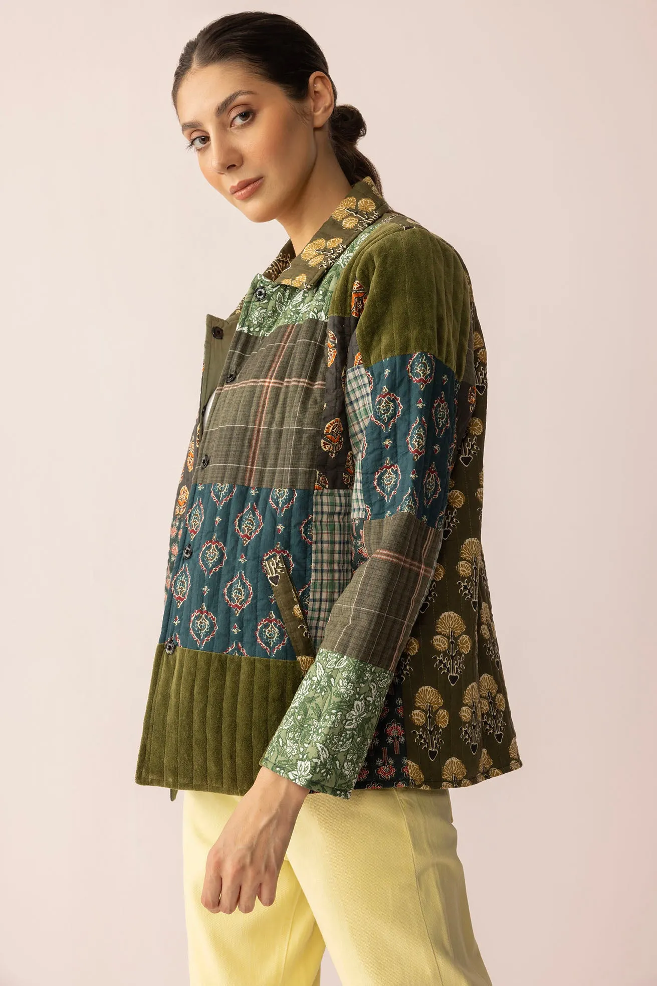 Meadow Folk Quilted Jacket with Patchwork in Dusty Green sold by Myra Bag product image thumbnail 2