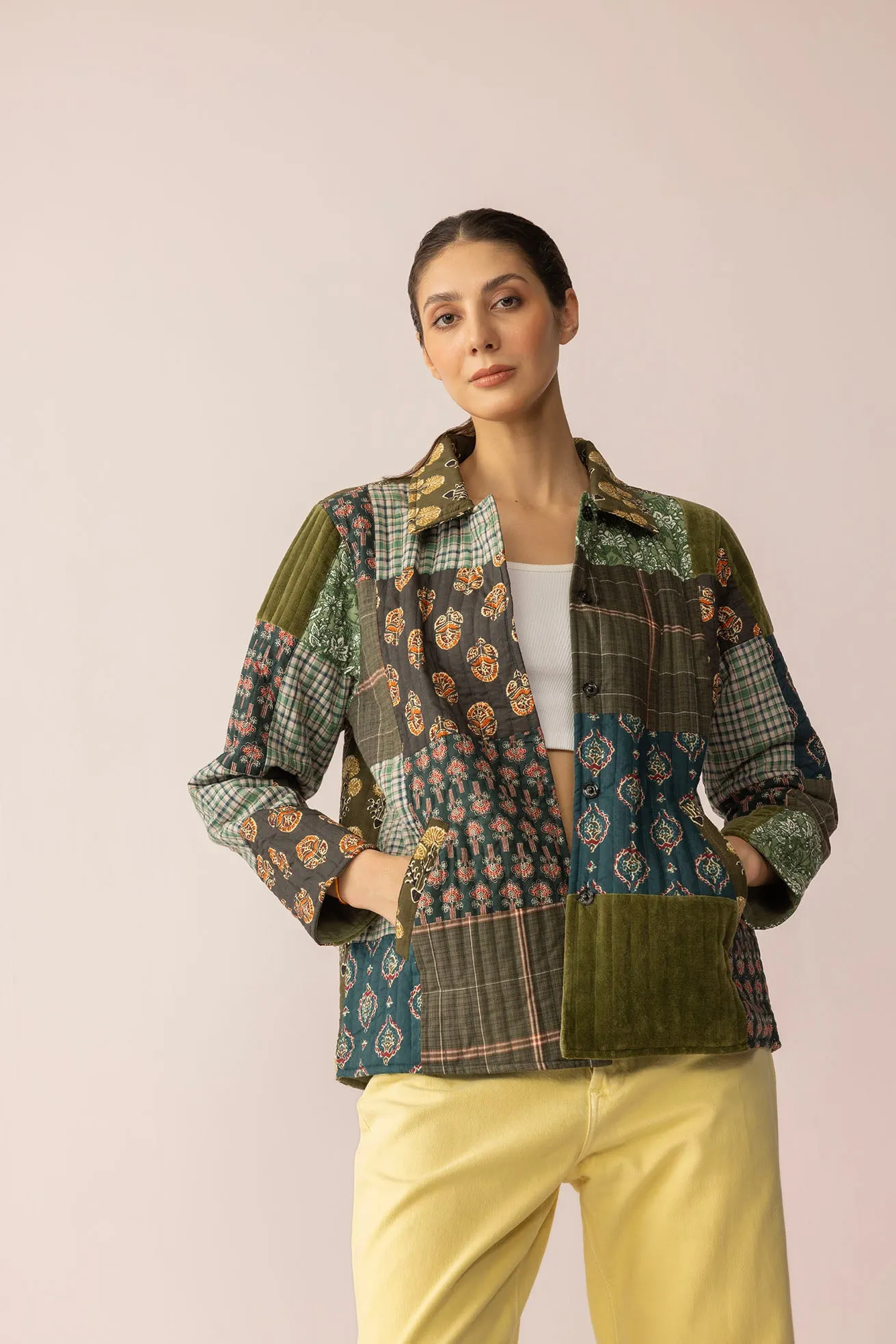 Meadow Folk Quilted Jacket with Patchwork in Dusty Green sold by Myra Bag