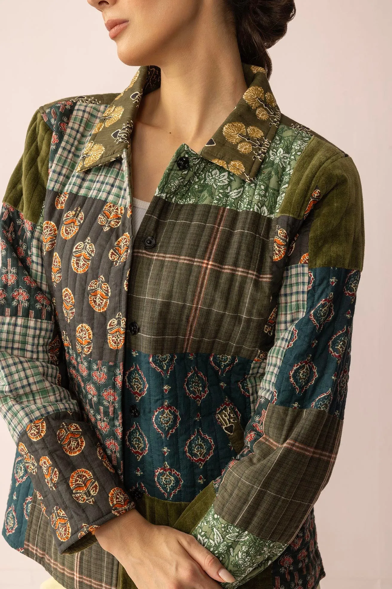 Meadow Folk Quilted Jacket with Patchwork in Dusty Green sold by Myra Bag product image thumbnail 4