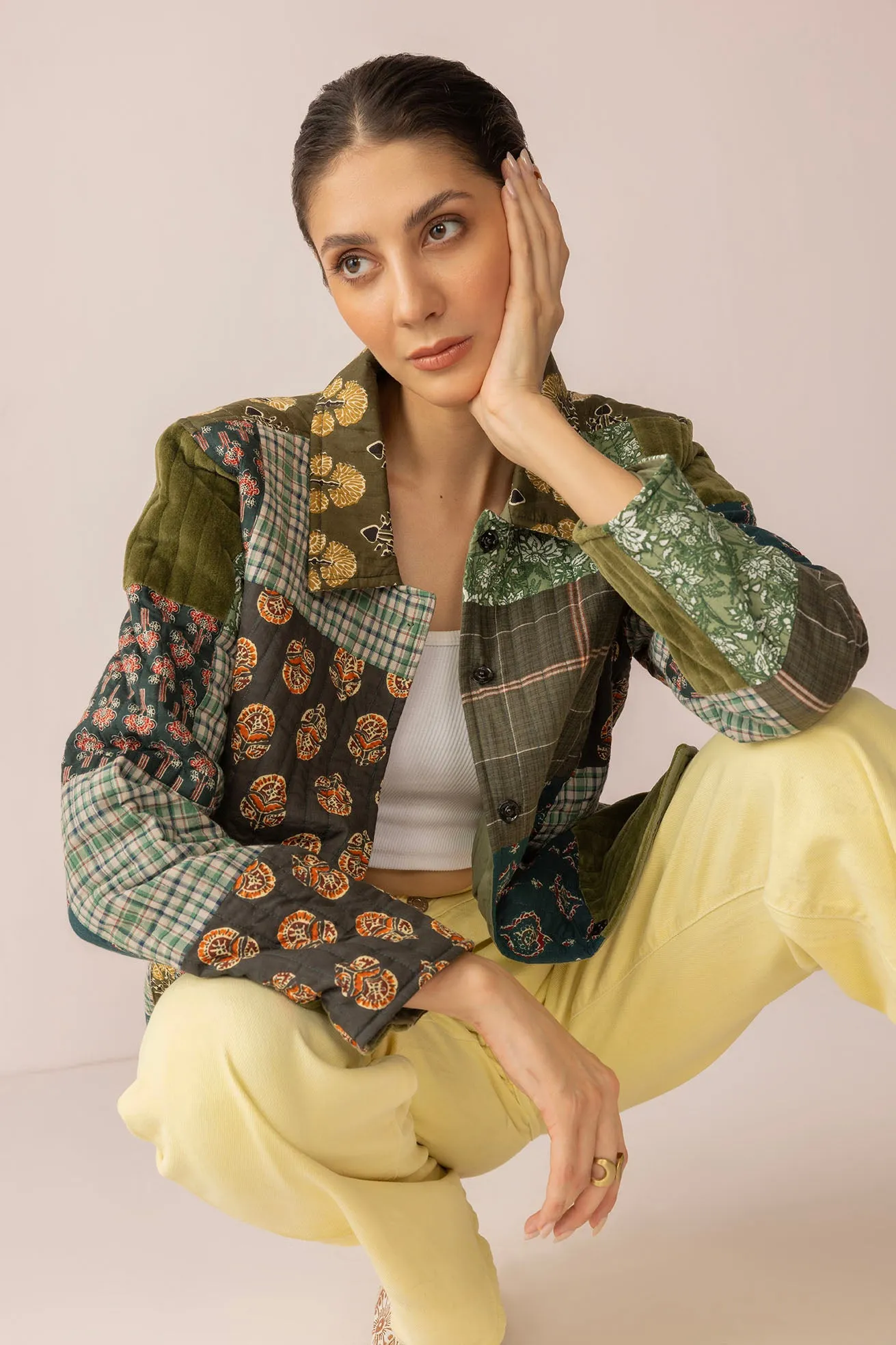 Meadow Folk Quilted Jacket with Patchwork in Dusty Green sold by Myra Bag product image thumbnail 5