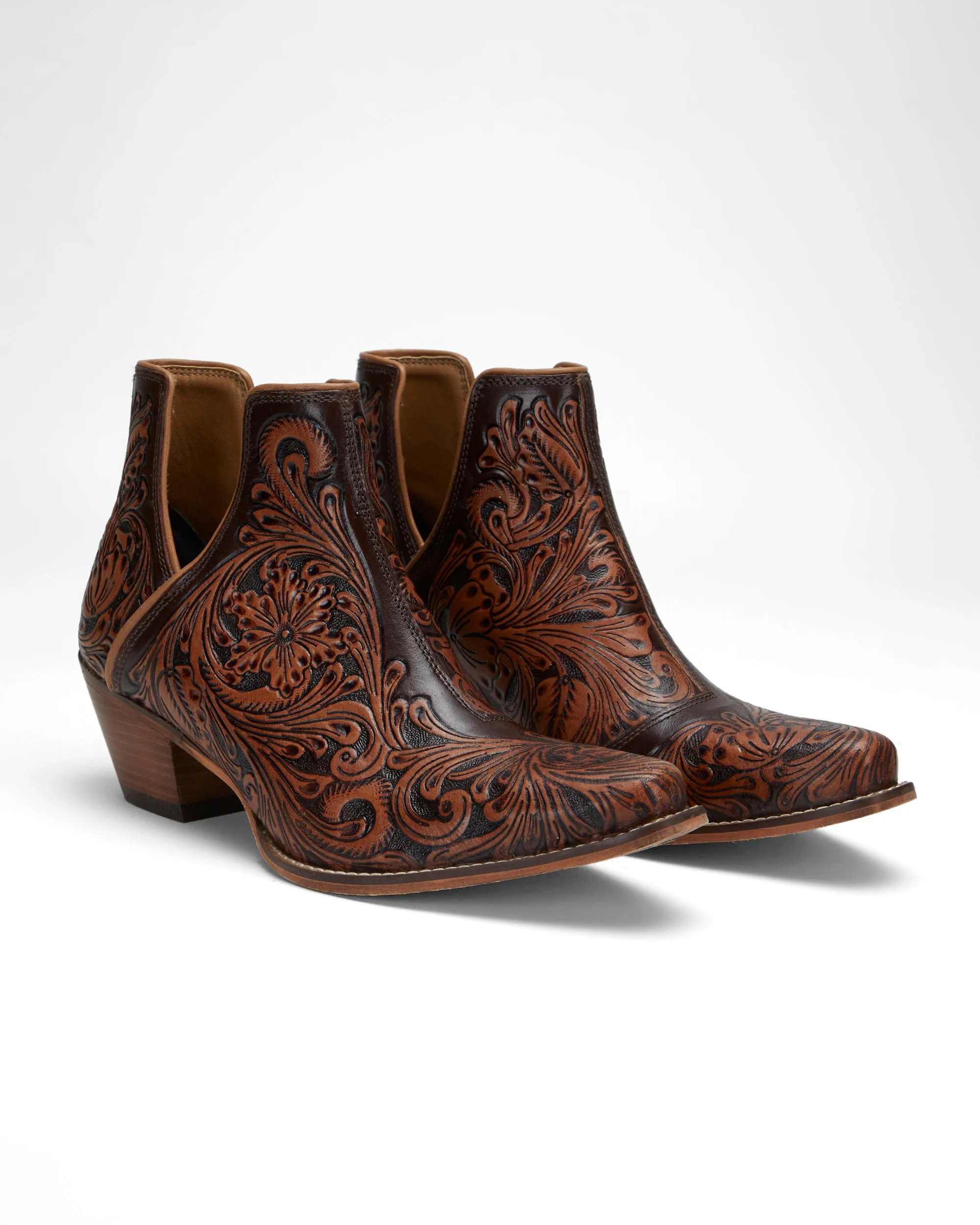 Loyal West X Myra Handtooled Booties in Tan sold by Myra Bag