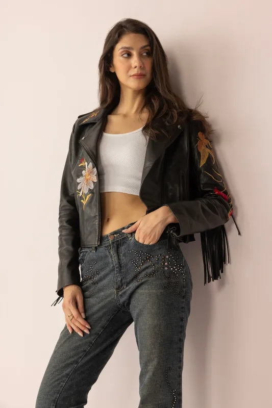 Thorn & Thunder Leather Jacket in Ink Bloom sold by Myra Bag