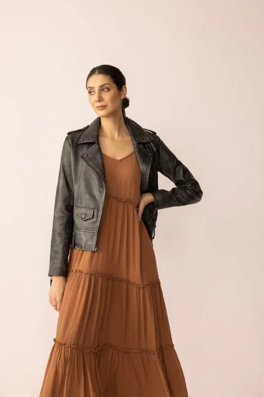 Punk Pulse Leather Jacket in Static Black sold by Myra Bag