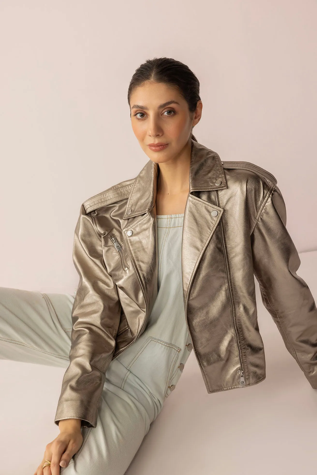 Astrid Shimmer Leather Jacket in Cosmic Silver sold by Myra Bag product image thumbnail 5