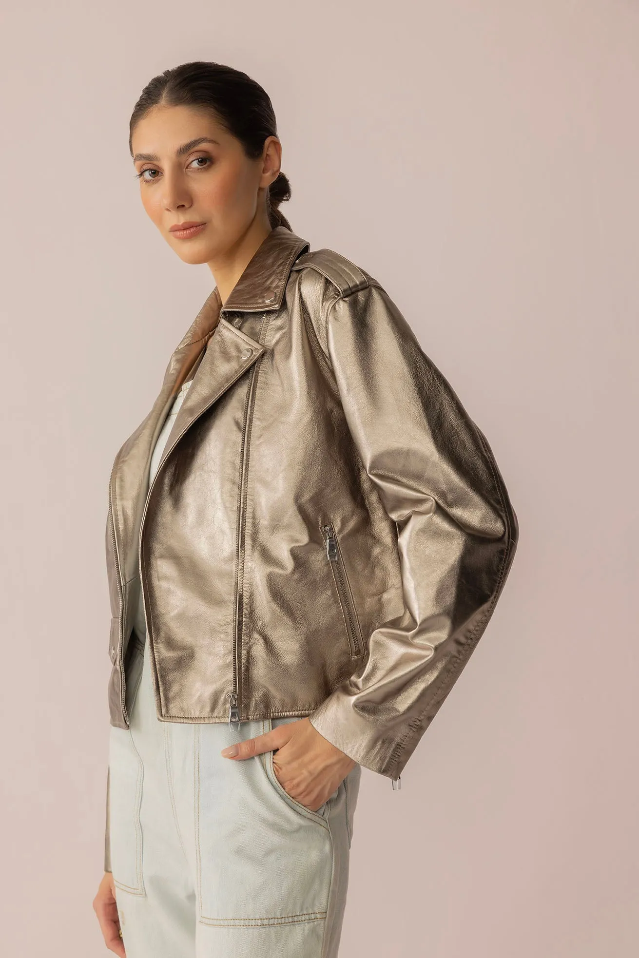 Astrid Shimmer Leather Jacket in Cosmic Silver sold by Myra Bag product image thumbnail 2
