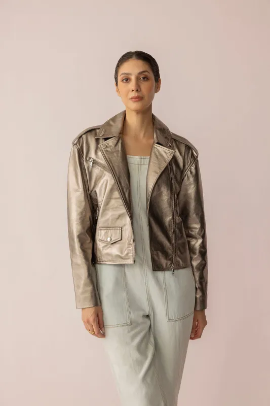 Astrid Shimmer Leather Jacket in Cosmic Silver sold by Myra Bag