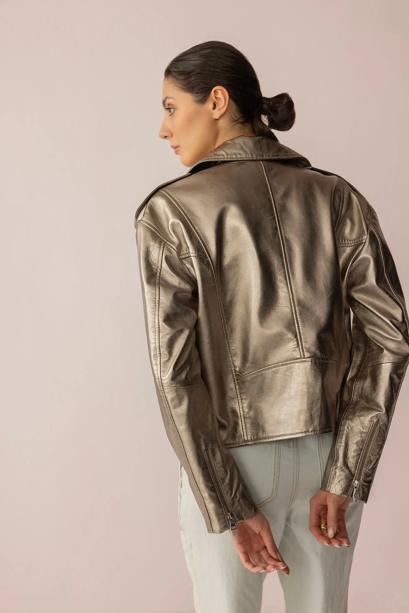 Astrid Shimmer Leather Jacket in Cosmic Silver sold by Myra Bag product image thumbnail 3