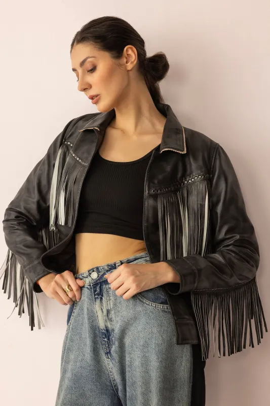 Midnight Maverick Leather Jacket in Shadow Black sold by Myra Bag