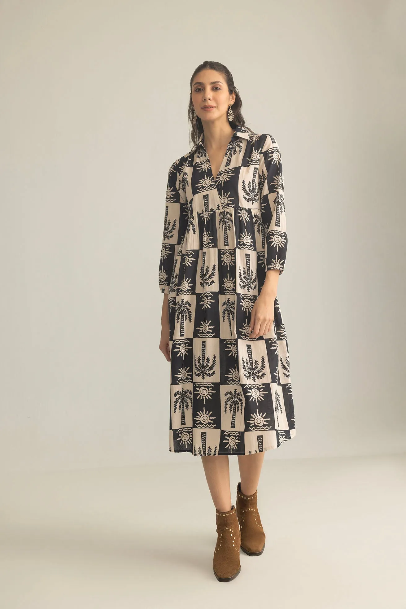 Palm Theory Maxi Dress in Navy Blue & Cream sold by Myra Bag