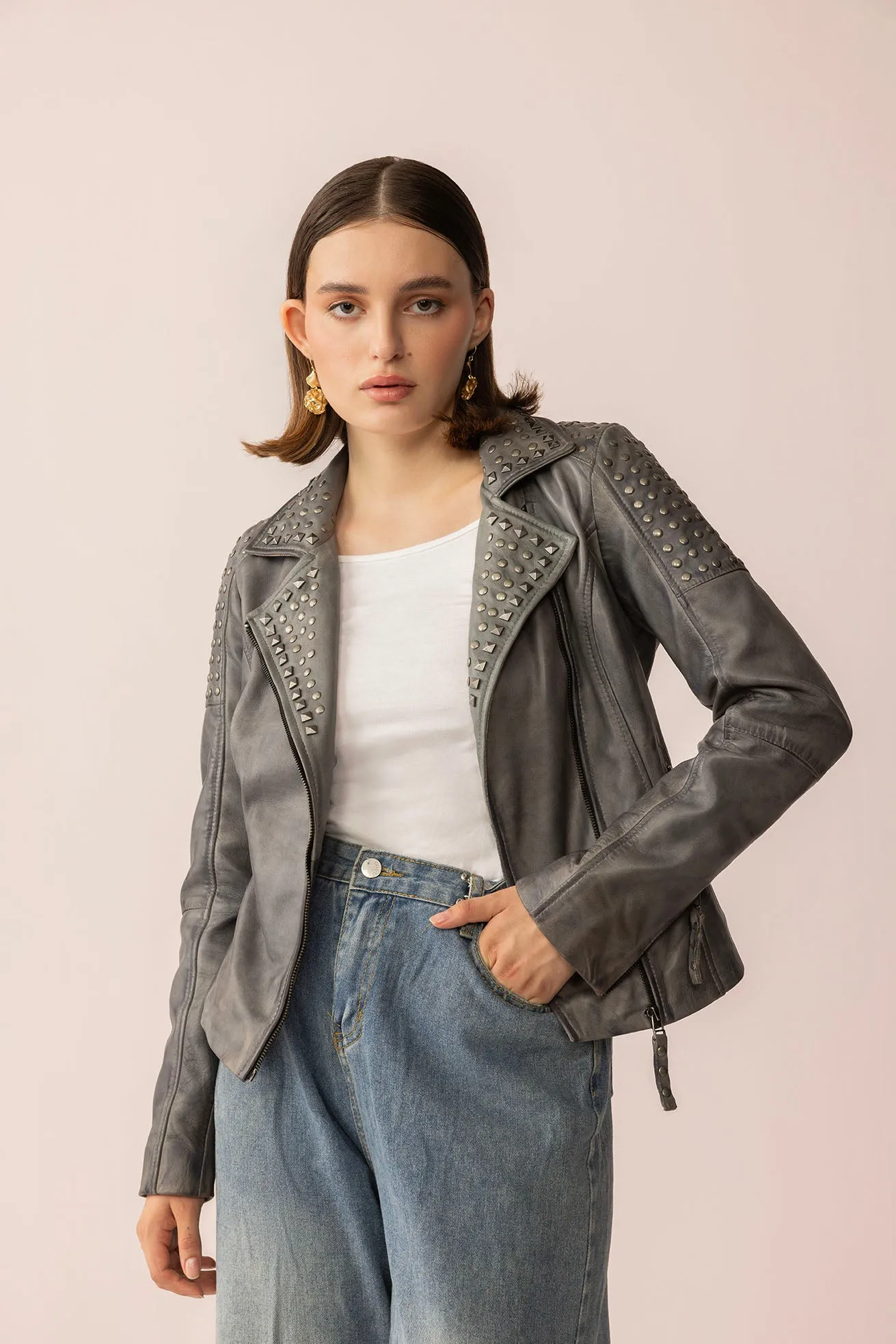 Shadow Storm Leather Jacket in Moon Grey sold by Myra Bag product image thumbnail 4